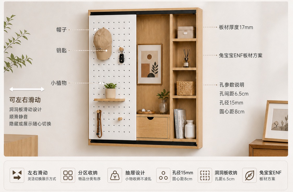 松蔚滑动洞洞板收纳柜使用展示：板材厚度、孔参数、左右滑动与分区收纳